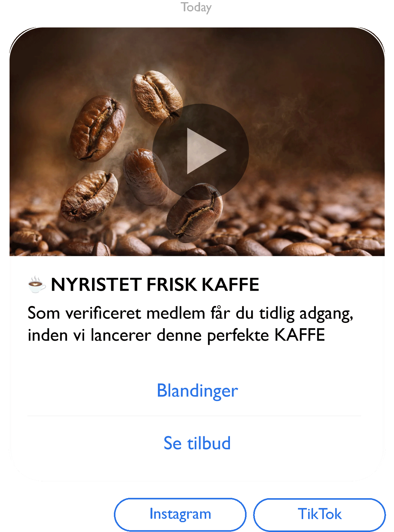 Eksempel på RCS Rich Message - Kafferisteri med loyalitetsprogram og kampagnetilbud
