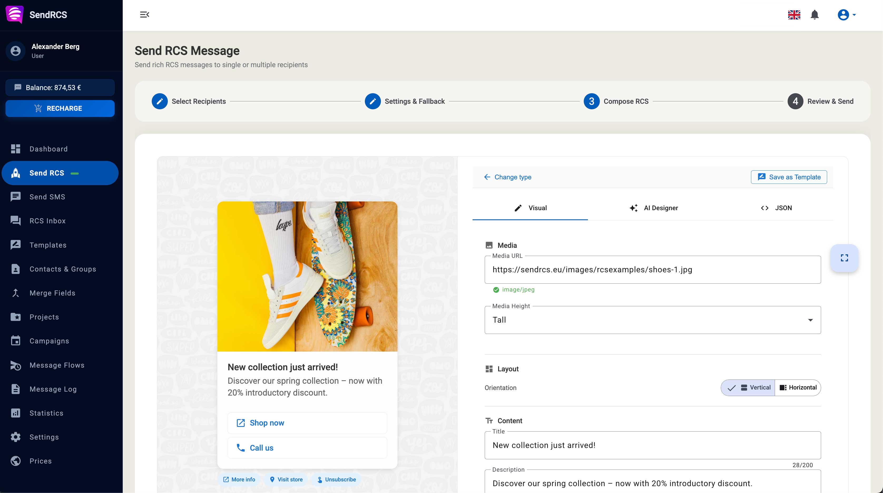 Send RCS-beskeder online - opret rich card-beskeder med billeder, knapper og karruseller