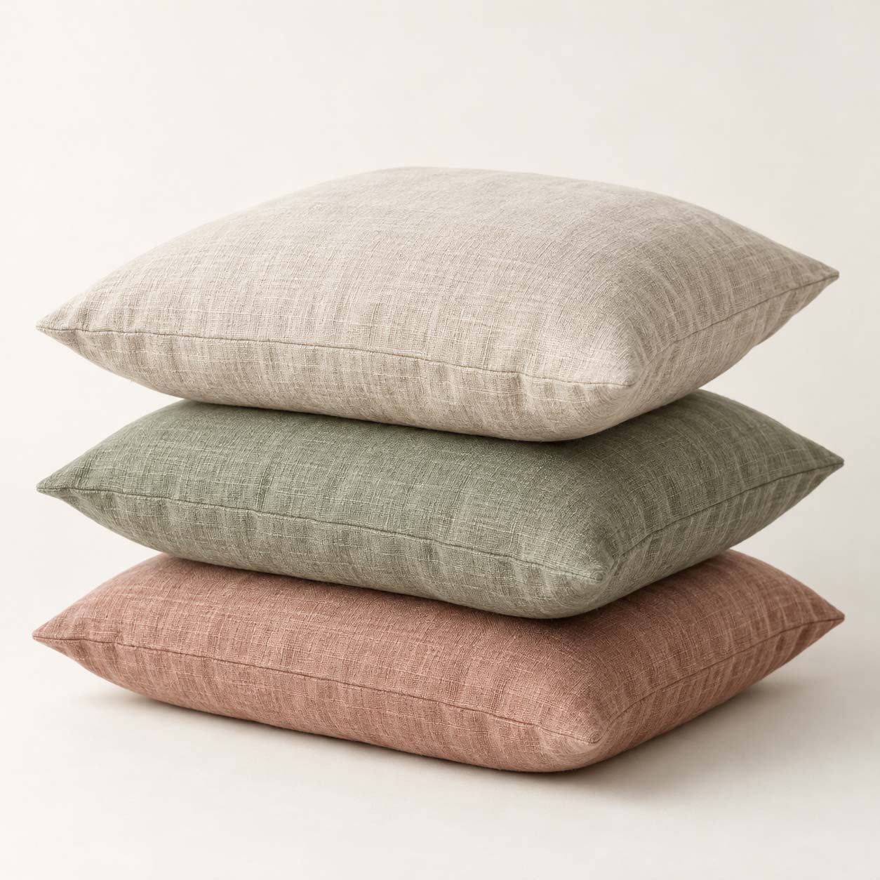 Tre hørpuder i beige, salvie og terracotta