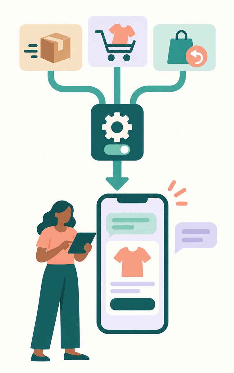 Forsendelses-, kurv- og retur-triggere i Shopify Flow passerer et SendRCS-trin og bliver til en RCS-besked på en telefon