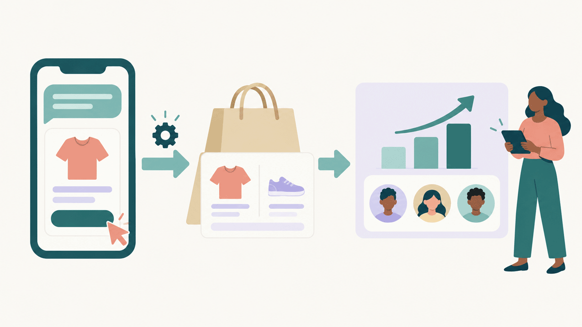 Et tryk på et RCS-produktkort fører til en Shopify-ordre, og ordren vises som omsætning og købere i statistikken